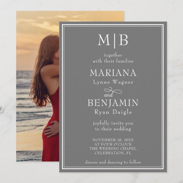Photo Modern Minimalist Boho Grey Wedding Invitation (Front/Back)