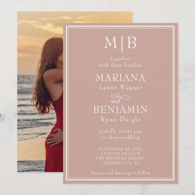 Photo Modern Minimalist Boho Pink Wedding Invitation (Front/Back)
