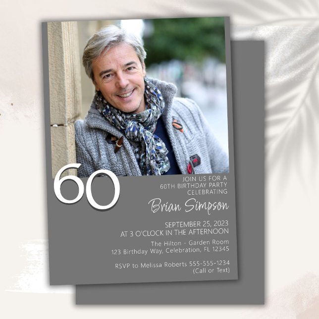 Photo Modern Minimalist Grey 60th Birthday Invitation (Creator Uploaded)