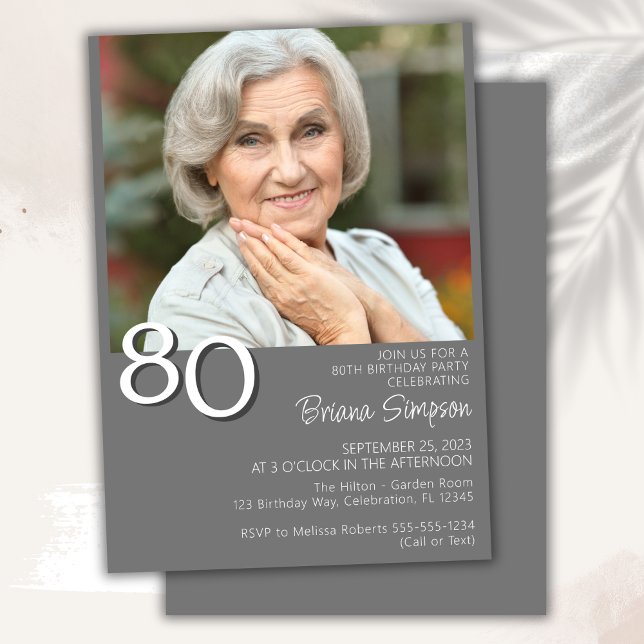 Photo Modern Minimalist Grey 80th Birthday Invitation (Creator Uploaded)