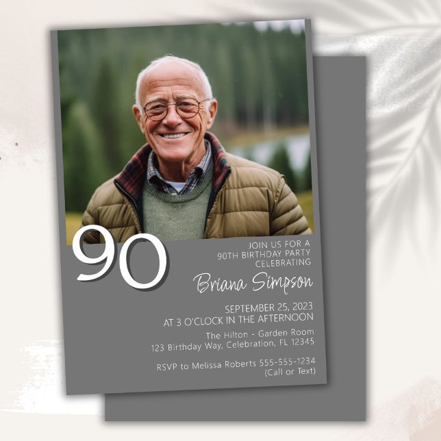 Photo Modern Minimalist Grey 90th Birthday Invitation (Creator Uploaded)
