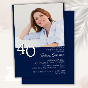 Photo Modern Minimalist Navy Blue 40th Birthday Invitation