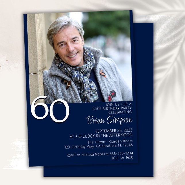 Photo Modern Minimalist Navy Blue 60th Birthday Invitation (Creator Uploaded)