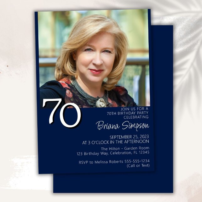 Photo Modern Minimalist Navy Blue 70th Birthday Invitation (Creator Uploaded)