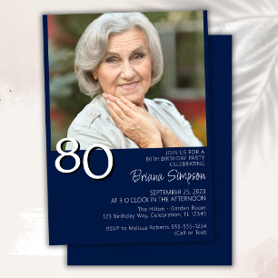 Photo Modern Minimalist Navy Blue 80th Birthday Invitation