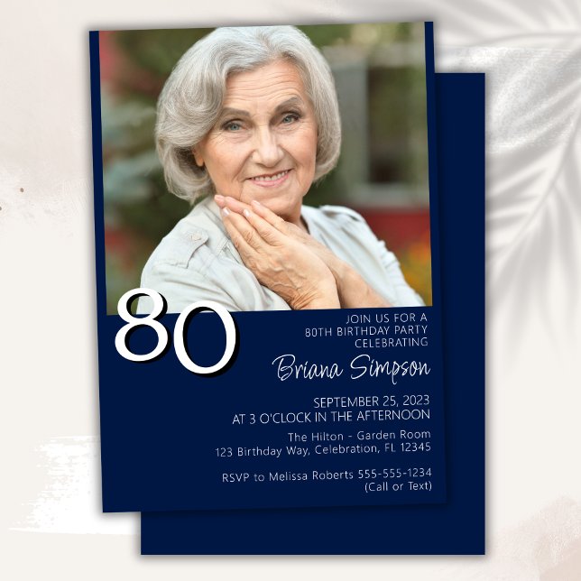 Photo Modern Minimalist Navy Blue 80th Birthday Invitation (Creator Uploaded)