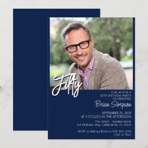 Photo Modern Minimalist Navy Blue Fifty Birthday Invitation