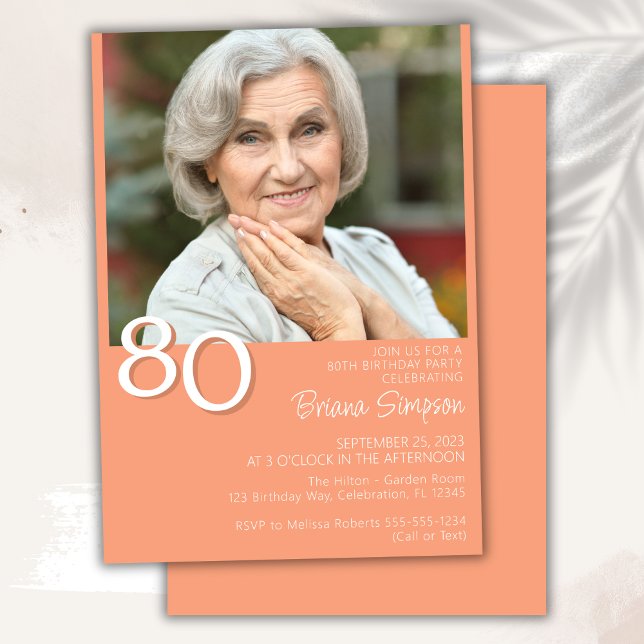 Photo Modern Minimalist Peach 80th Birthday Invitation (Creator Uploaded)
