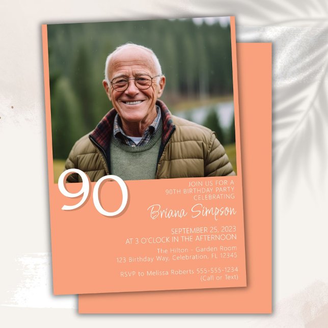 Photo Modern Minimalist Peach 90th Birthday Invitation (Creator Uploaded)