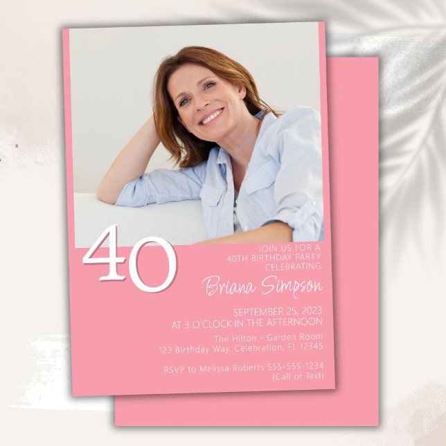 Photo Modern Minimalist Pink 40th Birthday Invitation (Creator Uploaded)