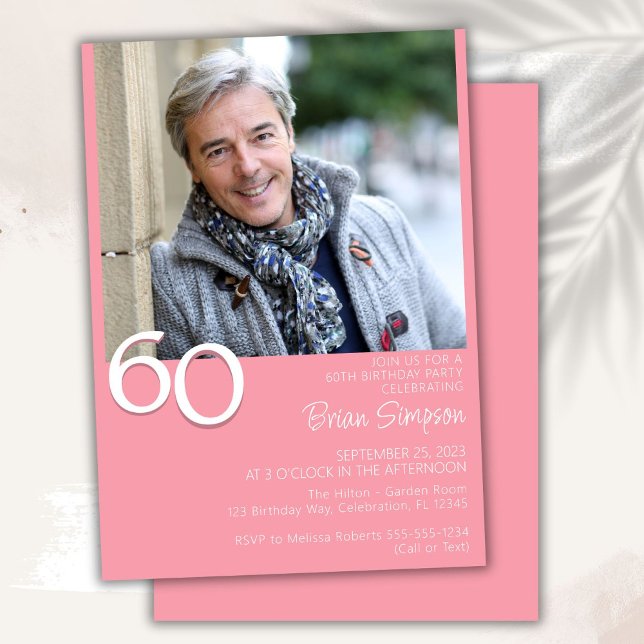 Photo Modern Minimalist Pink 60th Birthday Invitation (Creator Uploaded)