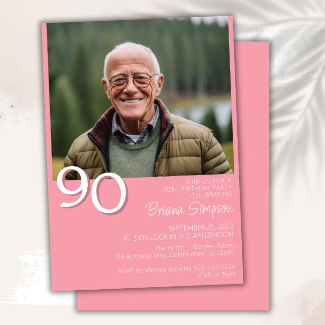 Photo Modern Minimalist Pink 90th Birthday Invitation (Creator Uploaded)