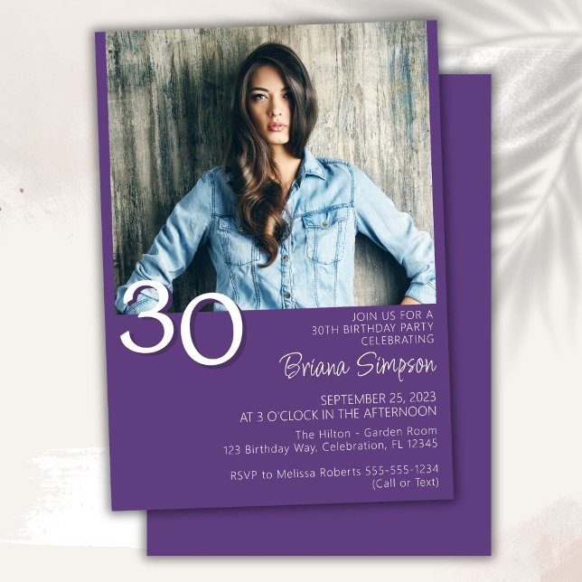 Photo Modern Minimalist Purple 30th Birthday Invitation (Creator Uploaded)