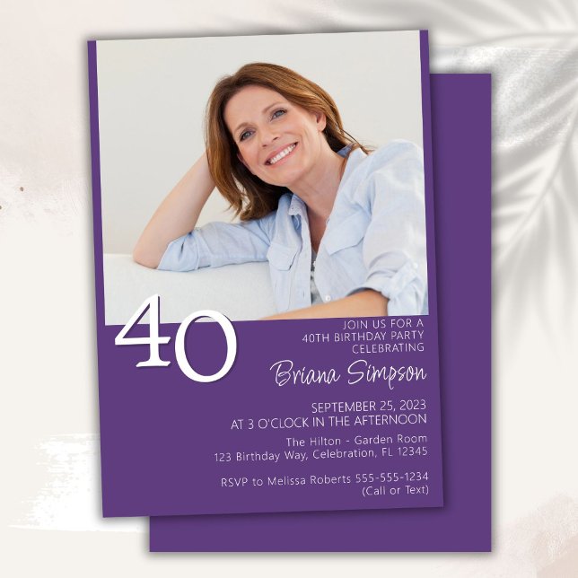 Photo Modern Minimalist Purple 40th Birthday Invitation (Creator Uploaded)