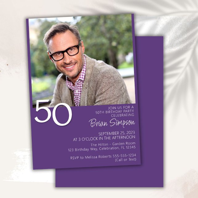 Photo Modern Minimalist Purple 50th Birthday Invitation (Creator Uploaded)