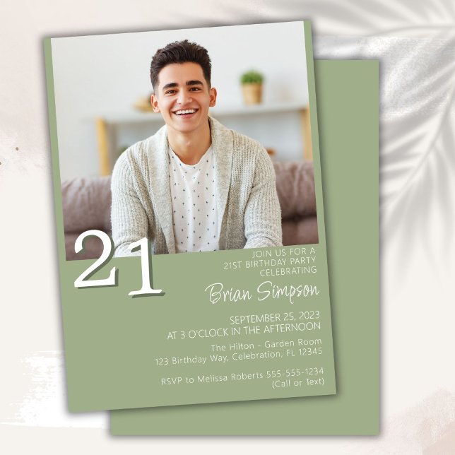 Photo Modern Minimalist Sage Green 21st Birthday Invitation (Creator Uploaded)
