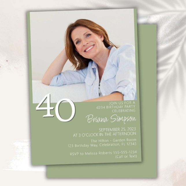 Photo Modern Minimalist Sage Green 40th Birthday Invitation (Creator Uploaded)