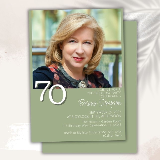 Photo Modern Minimalist Sage Green 70th Birthday Invitation (Creator Uploaded)