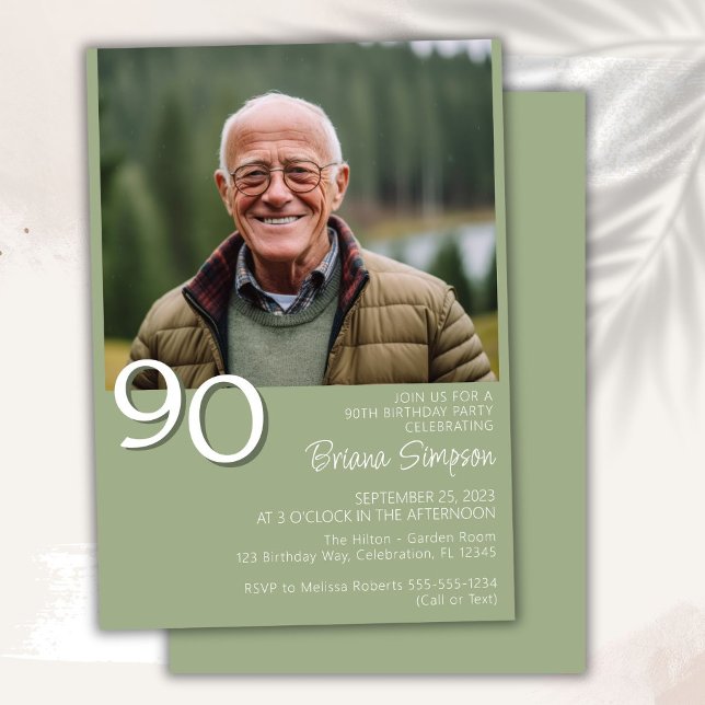 Photo Modern Minimalist Sage Green 90th Birthday Invitation (Creator Uploaded)