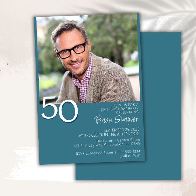 Photo Modern Minimalist Teal 50th Birthday Invitation (Creator Uploaded)