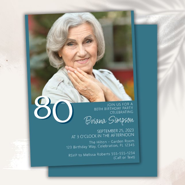 Photo Modern Minimalist Teal 80th Birthday Invitation (Creator Uploaded)