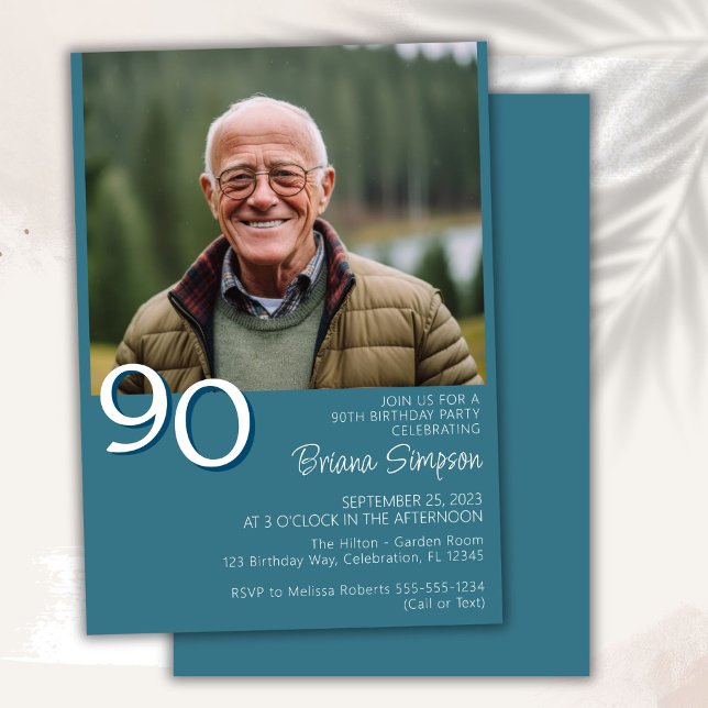 Photo Modern Minimalist Teal 90th Birthday Invitation (Creator Uploaded)
