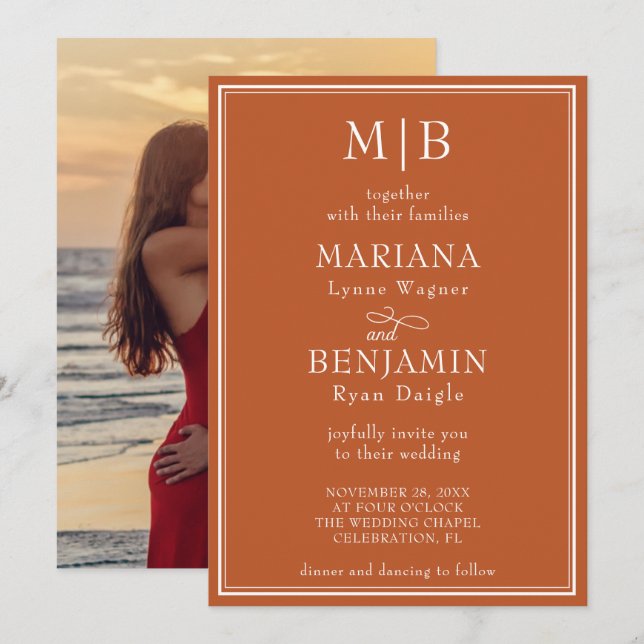 Photo Modern Minimalist Terracotta Wedding Invitation (Front/Back)