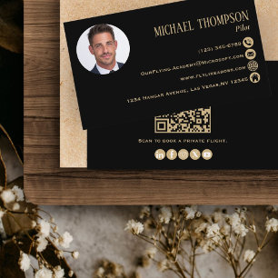 Photo Modern Professional QR Code Black and Gold Business Card