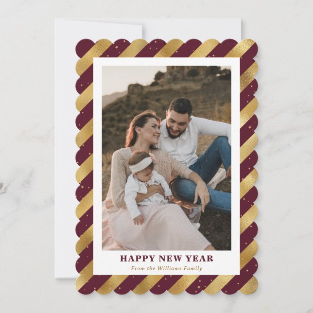 Photo Modern Red Gold Stripes Happy New Year Card (Front)