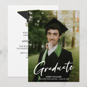 Photo Modern Script Black Cap Party Graduation Invitation