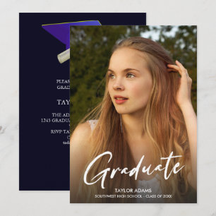 Photo Modern Script Blue Cap Party Graduation Invitation