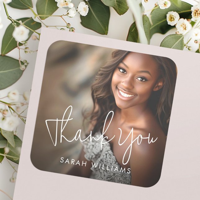 Photo modern script graduation thank you square sticker (Photo modern script graduation thank you square sticker)