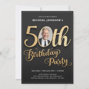 Photo Modern Typography Black Gold 50th Birthday Invitation