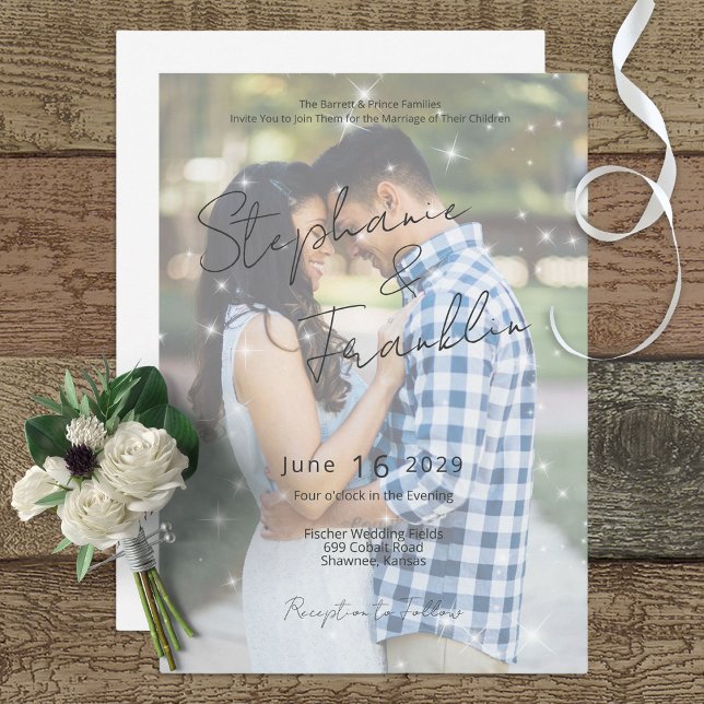 Photo Modern Vellum Sparkle Wedding Invitation (Creator Uploaded)