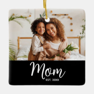 Photo Mom Established Date White Script on Black Ceramic Ornament