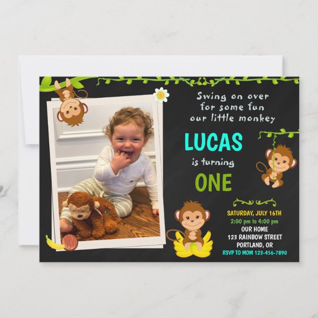 Photo Monkey birthday invitation Boy 1st birthday (Front)