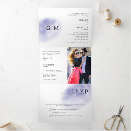 Photo Monogram Bilingual Wedding Invitation Blue