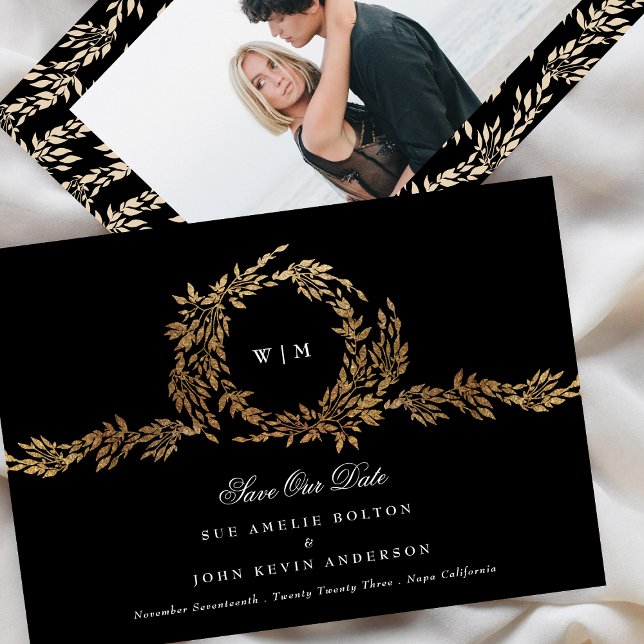 Photo Monogram Black Crest Classic Gold Wedding Save The Date (Creator Uploaded)