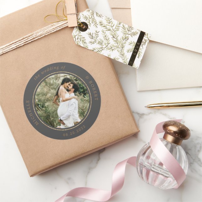 photo monogram elegant wedding classic round sticker (Gifting)