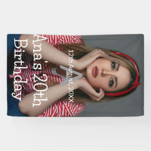 Photo monogram happy 20th birthday grey white banner