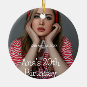 Photo monogram happy 20th birthday grey white ceramic tree decoration