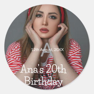 Photo monogram happy 20th birthday grey white classic round sticker
