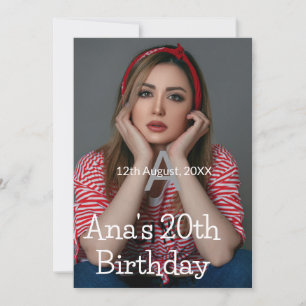 Photo monogram happy 20th birthday grey white  invitation