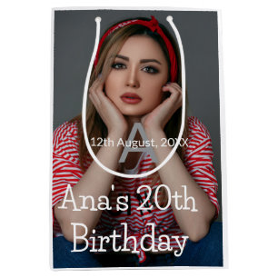 Photo monogram happy 20th birthday grey white medium gift bag