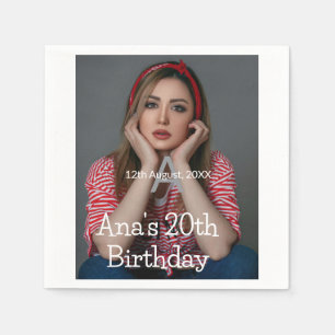 Photo monogram happy 20th birthday grey white napkin