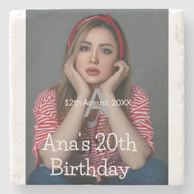 Photo monogram happy 20th birthday grey white  stone coaster (Front)