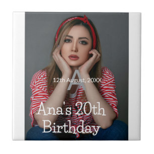 Photo monogram happy 20th birthday grey white  tile