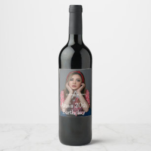 Photo monogram happy 20th birthday grey white wine label