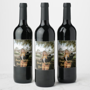 Photo monogram happy 20th birthday orange grey wine label