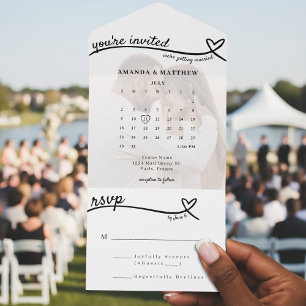 Photo Monogram Heart Line White Calendar Wedding  All In One Invitation